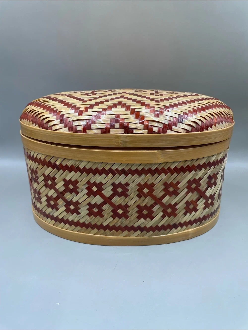 Vintage Bamboo Woven Red Geometric Design Oval Box With Lid 7x4.5” Chinese